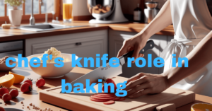 A pristine, wooden countertop serves as the focal point, showcasing a high-quality stainless steel chefs knife poised gracefully on a cutting board. Surrounding the knife are colorful, fresh ingredients vibrant red strawberries being thinly sliced, scattered chopped nuts, a bowl of creamy butter being worked into dough, and neatly arranged citrus fruits ready for zesting. A baker wearing a crisp white apron stands attentively, demonstrating precise slicing techniques with focused determination.