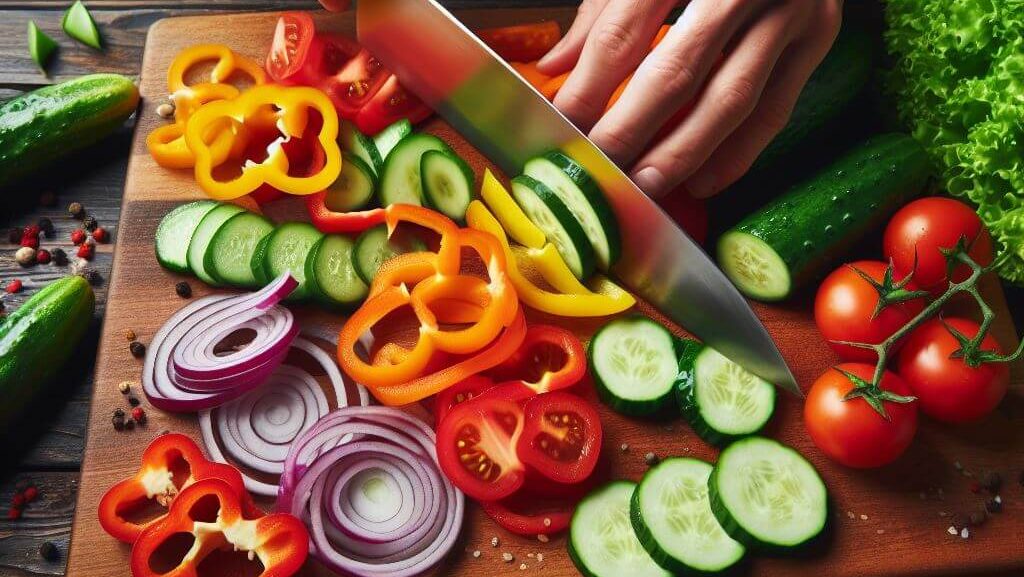 Chef slicing vehhies for salad with santoku knife
