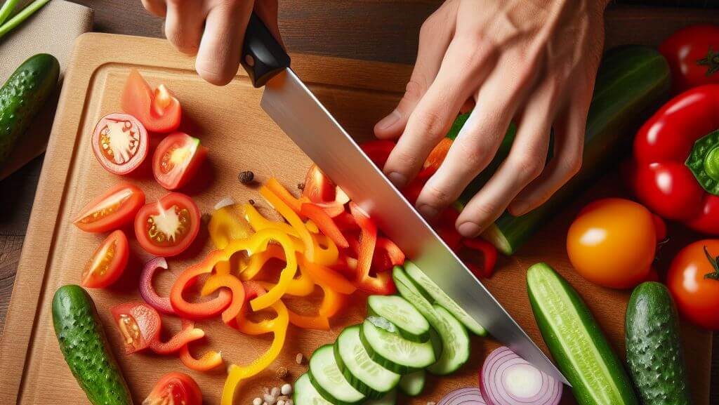A man juliening Vegetables. bell peppers, cucumbers and tomatos