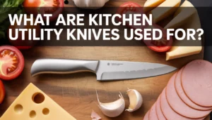 photo showing a sleek 6-inch utility knife centered on a worn wooden cutting board, surrounded by halved tomatoes, sliced cheese, garlic cloves, and thin-sliced deli meats.
