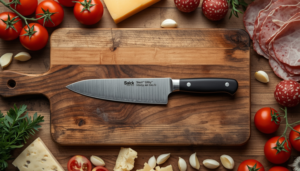 What are kitchen utility knives used for — utility knife on cutting board with tomatoes, cheese, and deli meats