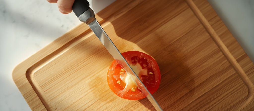 Home cook using a utility knife to slice tomatoes on a wooden cutting board