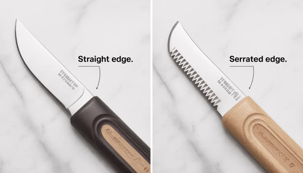 Serrated vs straight edge utility knife comparison on marble surface