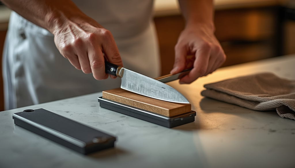 Honing a utility knife with a honing steel rod for proper kitchen knife maintenance