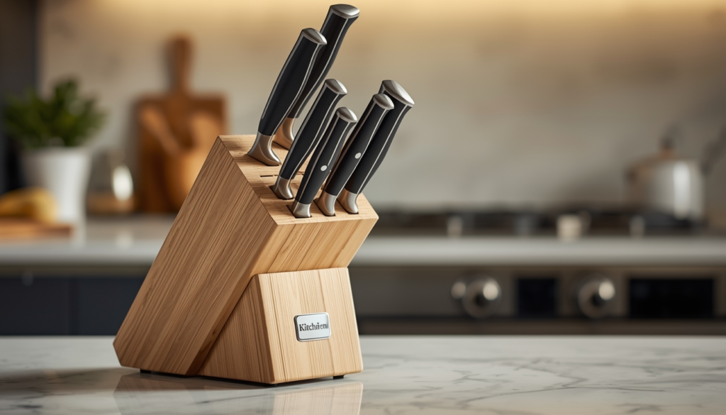 Kitchen knife block with utility knife pulled out showing its place in a complete knife set