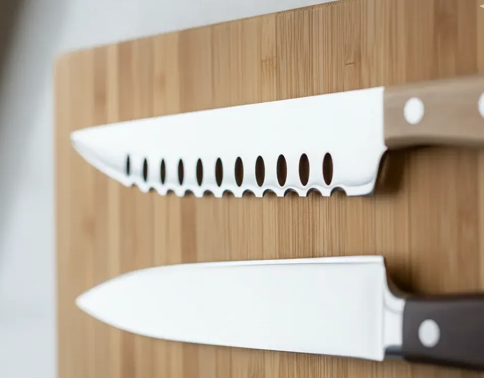 Close up comparison of a straight-edge steak knife and a serrated steak knife blade.