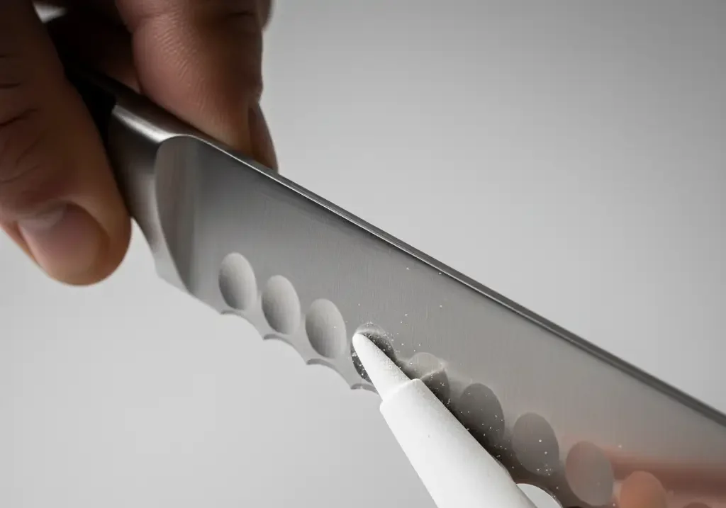 Sharpening a serrated steak knife using a tapered ceramic sharpening rod.