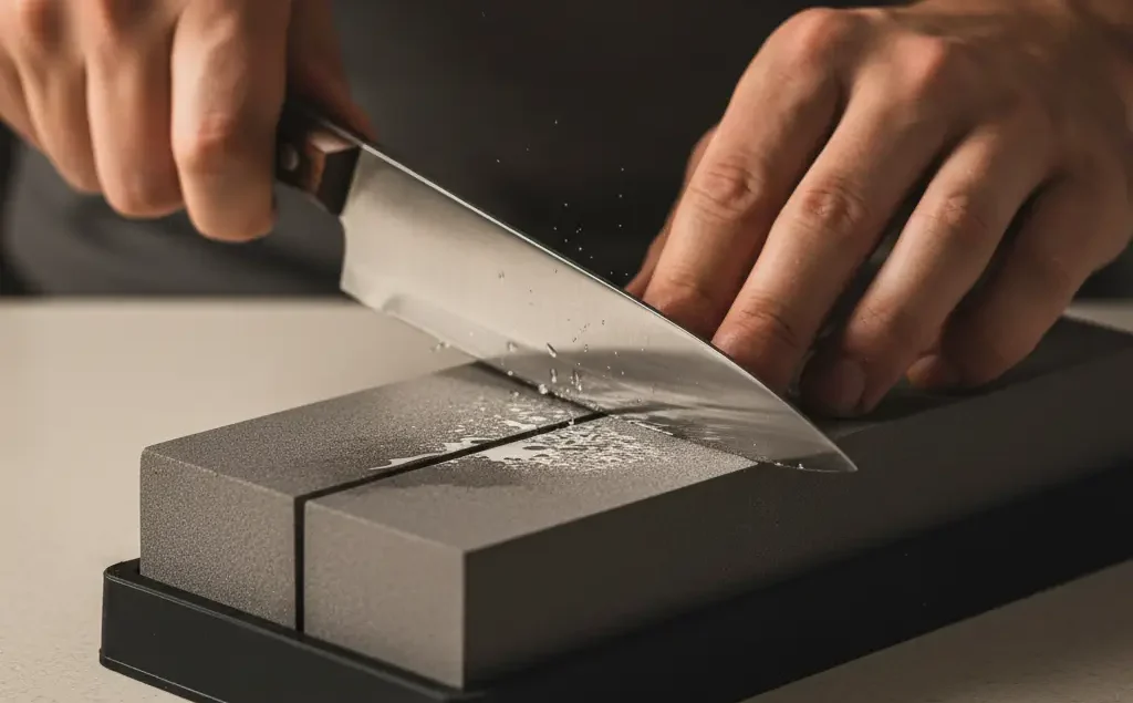 Hands demonstrating how to sharpen steak knives with a whetstone at a 15-degree angle.