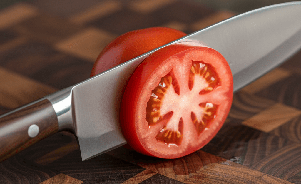 Testing a razor-sharp steak knife by effortlessly slicing a ripe red tomato on a wooden board.