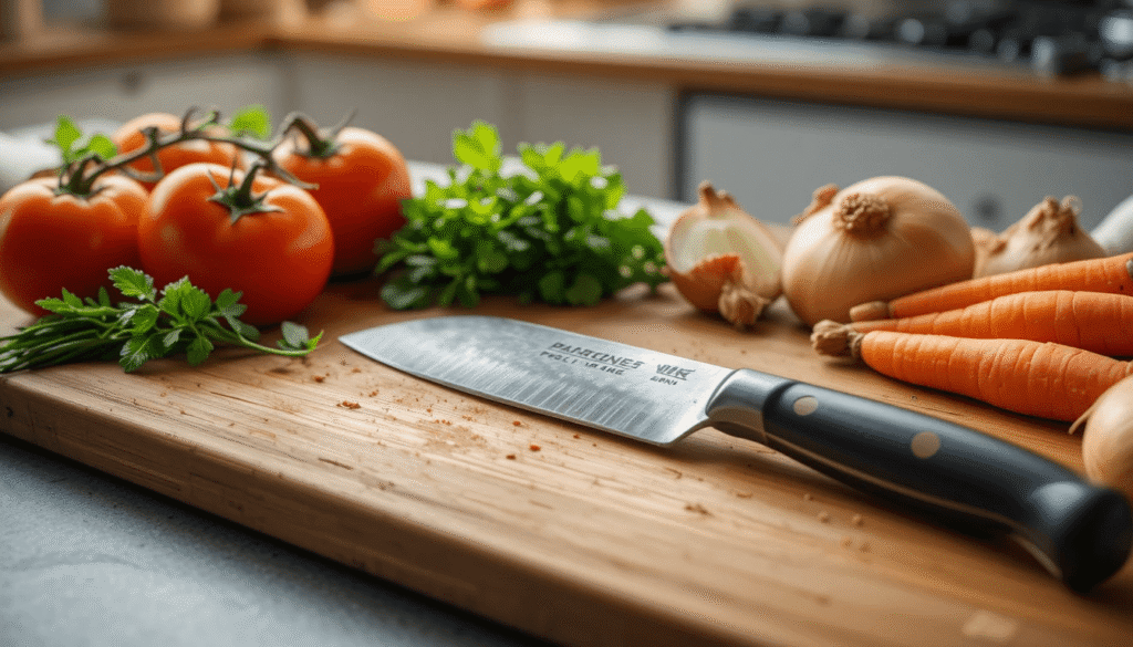 Santoku knife on cutting board with vegetables – complete guide to Japanese kitchen knives