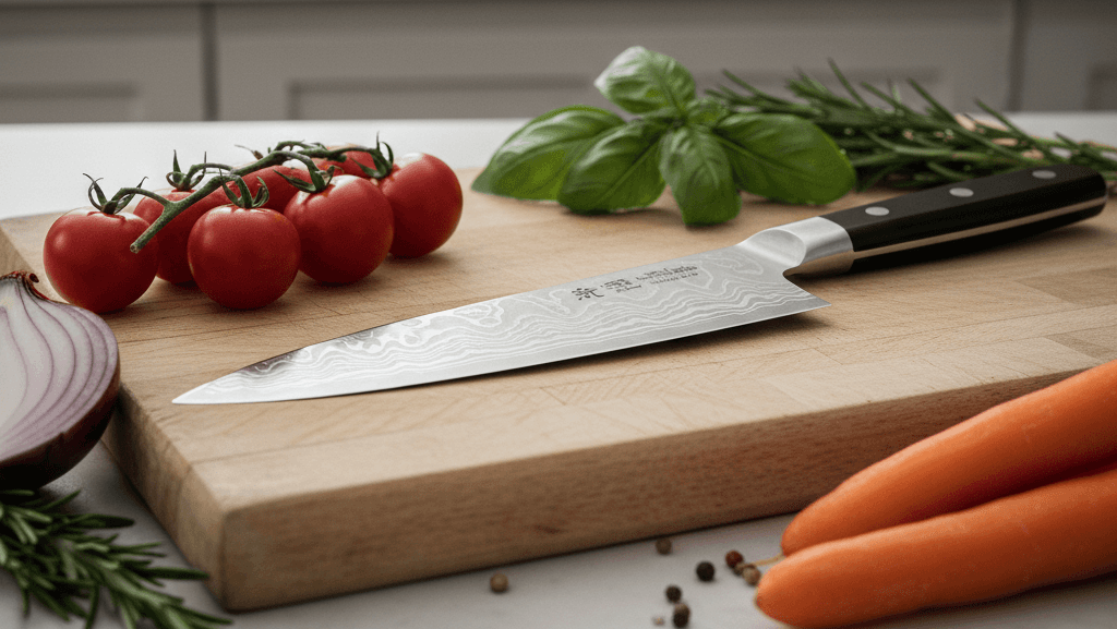 Santoku knife on a cutting board with tomatos and carrots