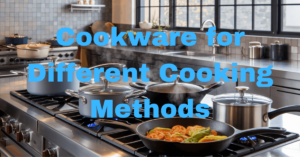 The stainless steel countertops gleam under soft ambient lighting. There are various stainless steel pots and pans, a seasoned cast iron skillet, and a sleek nonstick frying pan. The stovetop has a stainless steel saucepan simmering with aromatic steam and a cast iron skillet sizzling with seared vegetables