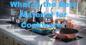 well-lit kitchen scene with a variety of cookware materials neatly arranged on a marble countertop. The cookware includes stainless steel pots, a cast iron skillet, a non-stick frying pan, a glossy aluminum saucepan, a colorful ceramic casserole dish, a polished copper saut pan, and a carbon steel wok.