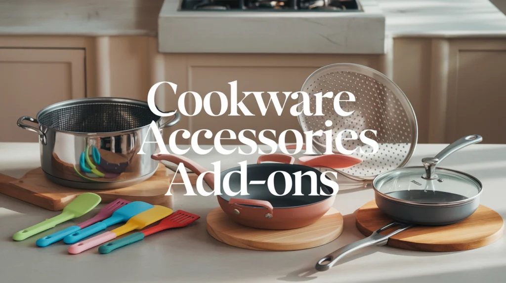 kitchen countertop with a collection of cookware accessories and add-ons neatly arranged. There is a stainless steel steamer basket inside a pot, colorful silicone spatulas, a splatter screen, a colander, wooden and metal trivets, and a glass lid resting beside a saucepan. The background shows an elegant, well-lit kitchen with soft natural lighting. The overall composition feels organized and inviting. There is text that reads "Cookware Accessories Add-Ons" in modern sans-serif typography, centered in the middle of the composition,