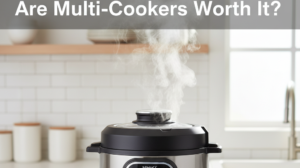 a sleek multi-cooker (similar to Instant Pot and Ninja Foodi style), glowing softly with steam rising, surrounded by fresh ingredients like vegetables, rice, and meat. Clean, bright lighting, minimalistic kitchen background