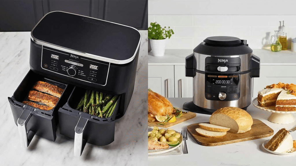A side-by-side comparison: left side shows an air fryer with crispy fries and wings; right side shows a multi-cooker with stew or soup.