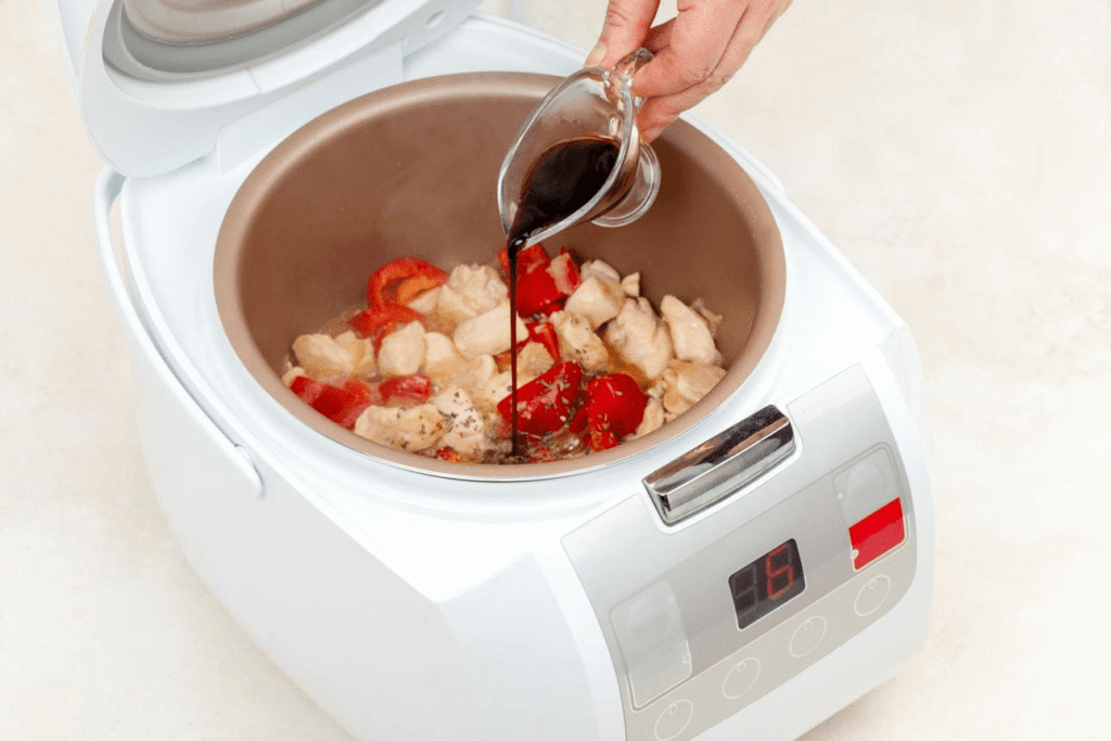 dishes made in a multi-cooker: beef stew, fluffy rice, shredded chicken, yogurt, beans, and vegetables.