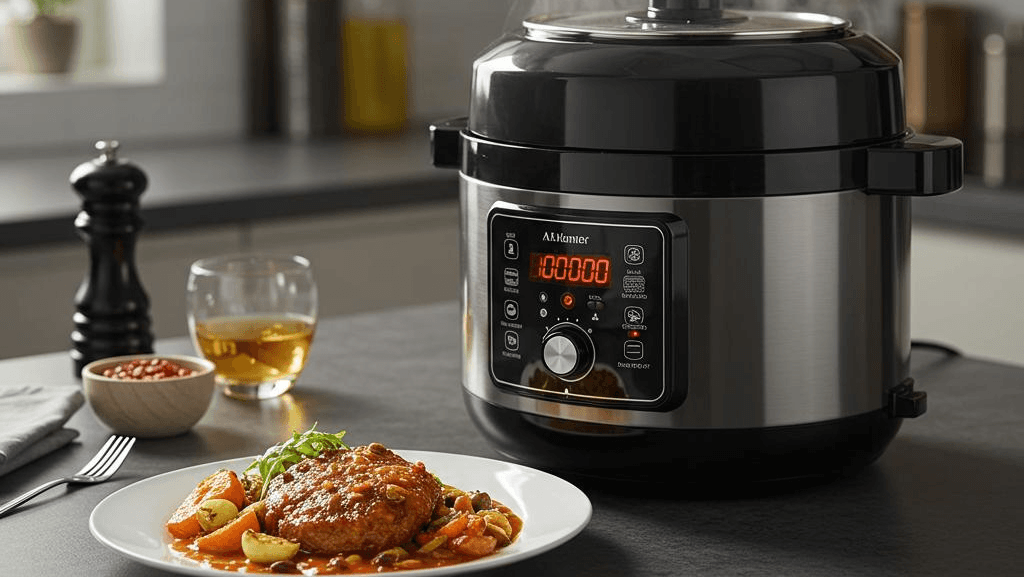 Multi-cooker functions diagram showing pressure cooking, slow cooking, steaming and more
