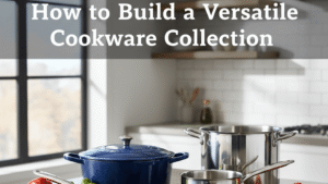 cookware collection, including a cast iron skillet, stainless steel pan, Dutch oven, saucepan, and stockpot, arranged neatly.