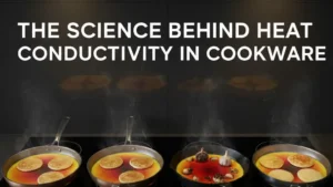 multiple cookware materials side by side (copper pan, aluminum pan, cast iron skillet, stainless steel pan)