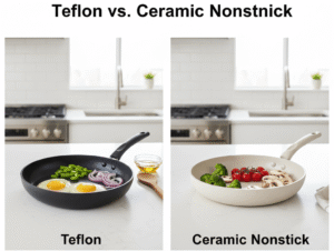 "Side-by-side comparison of Teflon and ceramic nonstick pans on a clean white kitchen counter, one pan has a dark non-stick coating (Teflon) and the other has a light ceramic coating, with fresh ingredients like eggs and vegetables nearby, bright natural lighting, modern kitchen background, professional food photography style, high resolution". Display text [Teflon vs. Ceramic Nonstick]