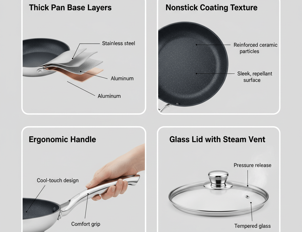 Key features of induction nonstick cookware base coating and handles