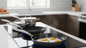 black induction cooktop glowing blue beneath a nonstick frying pan cooking eggs perfectly, steam rising gently, high-end cookware set