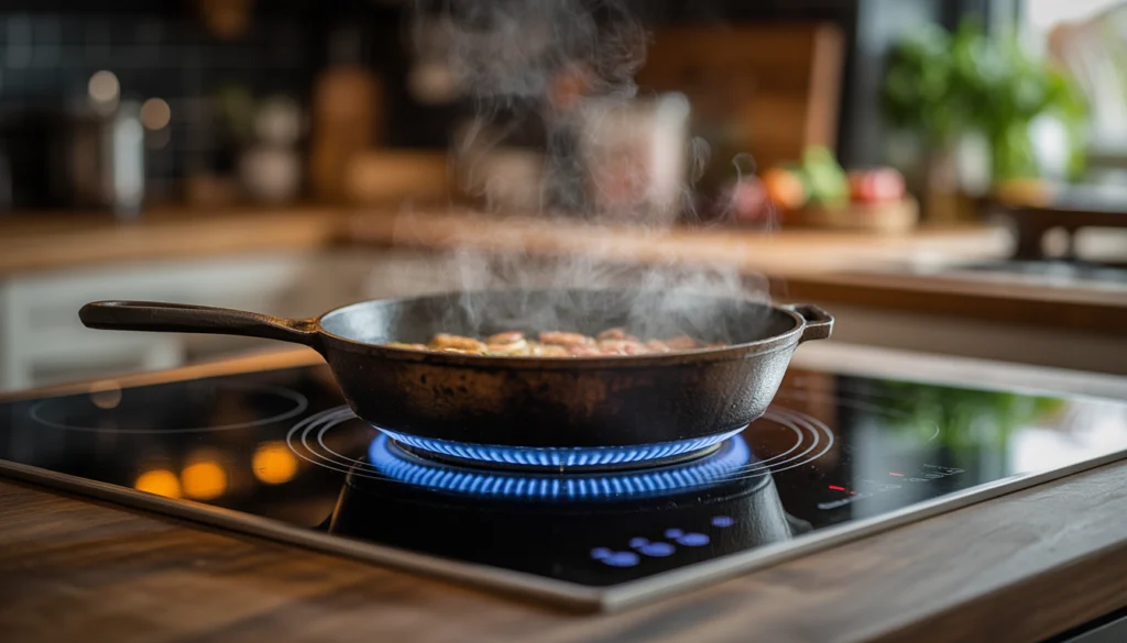induction cooktop glowing beneath a heavy cast iron skillet, dramatic lighting, steam rising from sizzling food, contrast between old rustic cookware and futuristic stove