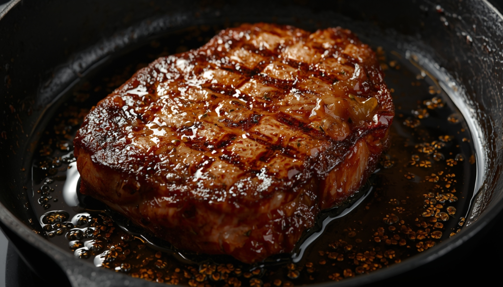 Searing steak in a cast iron skillet on an induction cooktop
