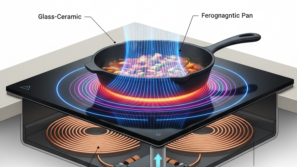 Diagram showing how induction cooktops heat cast iron cookware using electromagnetic fields