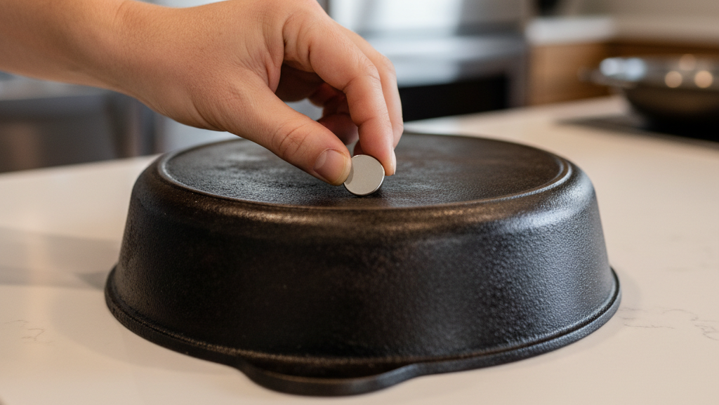 Magnet test to check if cast iron cookware works on induction cooktops