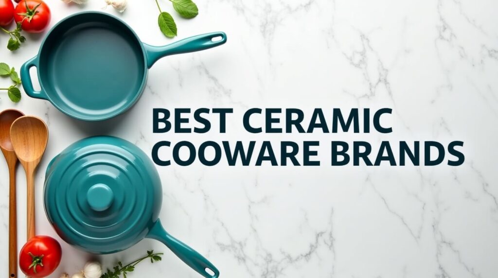 ceramic cookware set on a clean white marble countertop, featuring a turquoise ceramic skillet, pot, and saucepan with wooden utensils and fresh vegetables (tomatoes, herbs, garlic) artfully arranged around them
