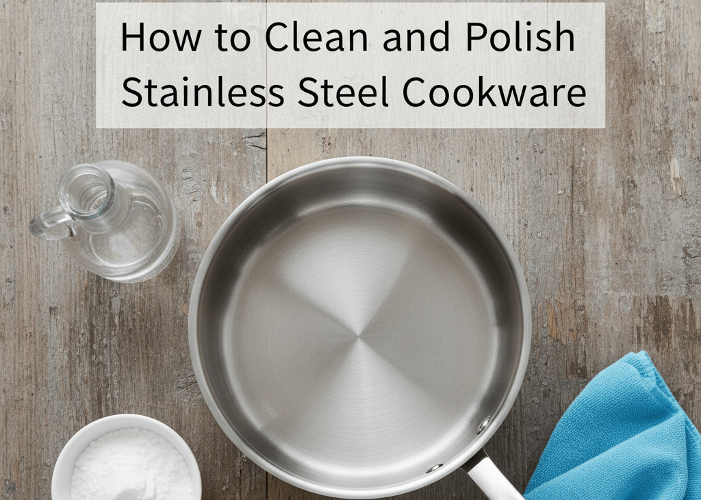 a stainless steel saucepan. Artfully arranged around it are the cleaning tools: a glass bottle of white vinegar, a small bowl of baking soda, a yellow lemon, and a soft blue microfiber cloth.