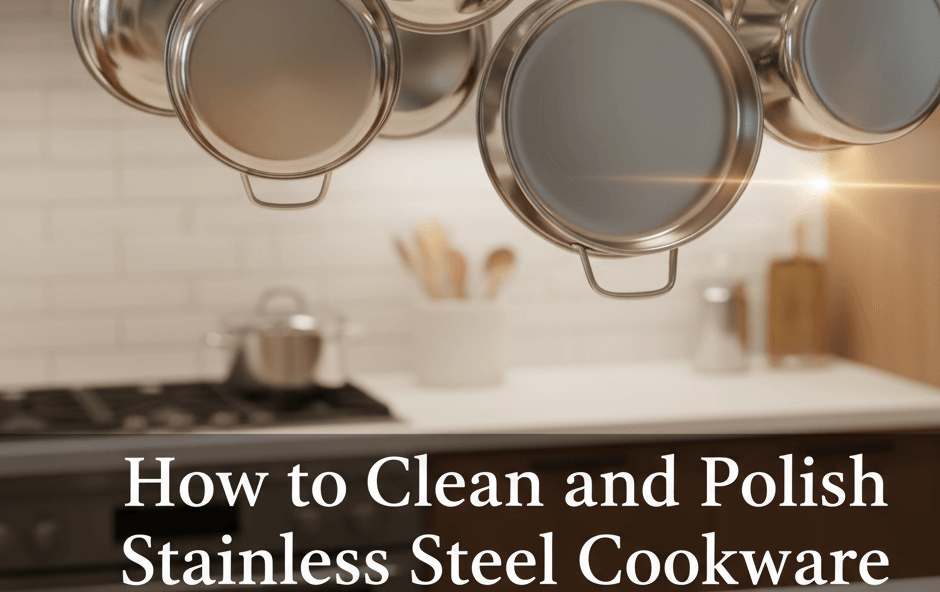 clean and polished stainless steel pots and pans hanging from a stylish pot rack in a modern kitchen.