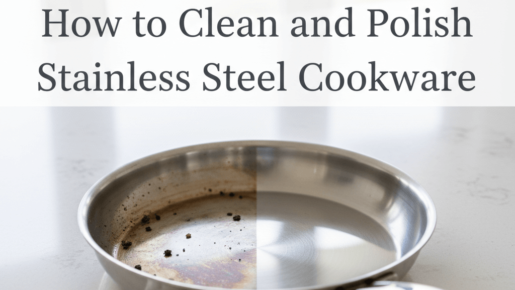 a stainless steel frying pan on a clean, light-colored kitchen countertop. The pan is split diagonally: one half is dull, with noticeable rainbow heat stains and a few burnt-on food specks, while the other half is immaculately clean, polished to a perfect mirror-like shine