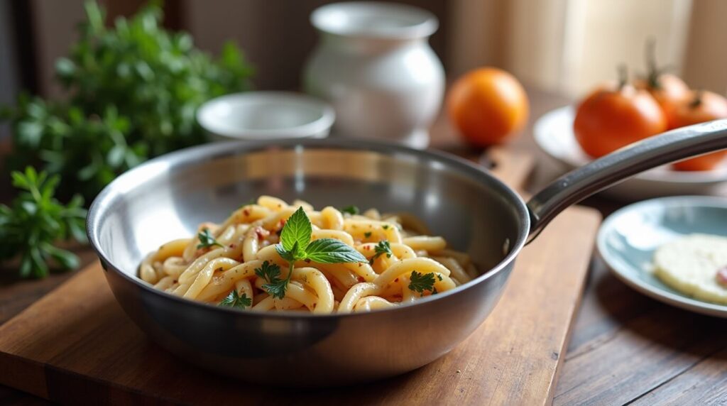 Stainless steel ply pan with cooked noodles and a little tomato sauce.