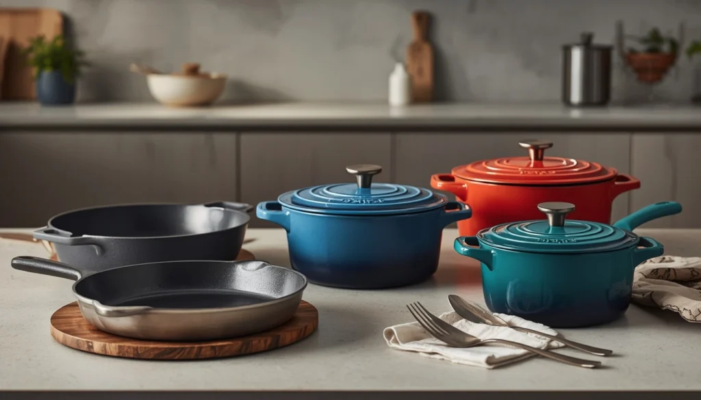 Premium cast iron cookware brands including smooth skillets and enameled Dutch ovens