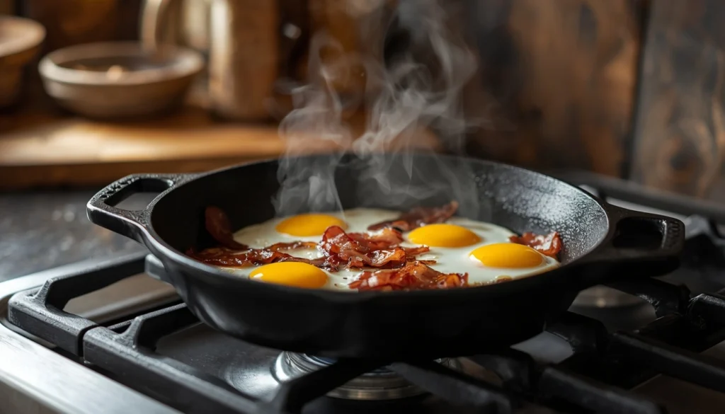 Classic Lodge cast iron skillet cooking breakfast on stove
