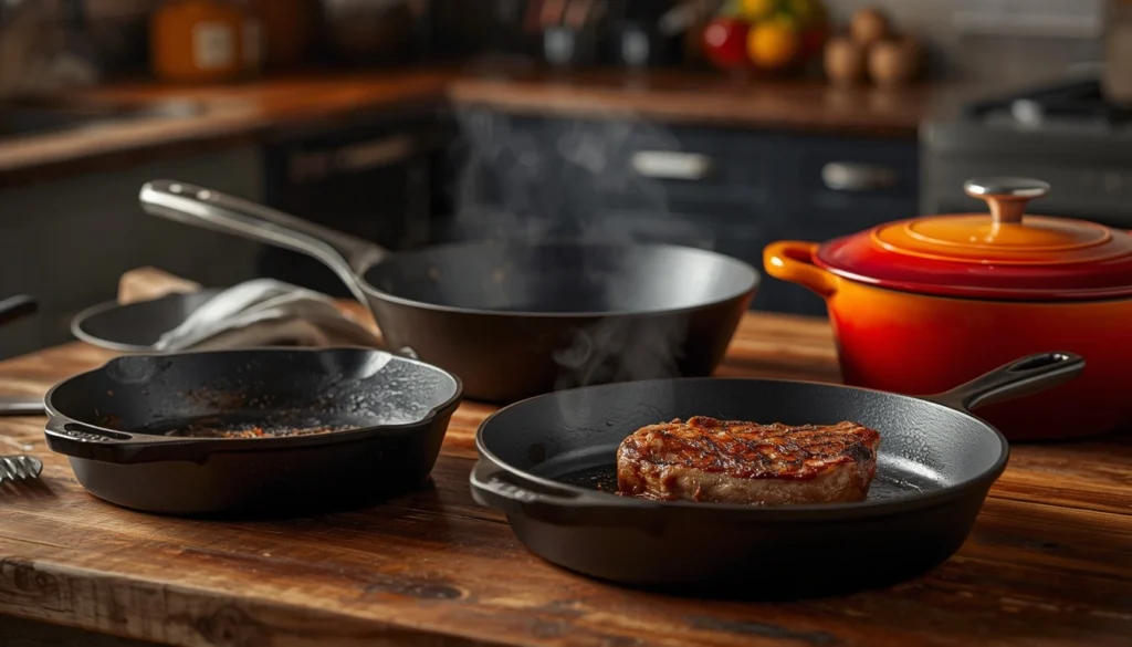 Lodge vs cast iron brand alternatives comparison with multiple skillets and seared steak