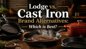 multiple cast iron skillets from different brands on a rustic wooden countertop, including a classic rough Lodge skillet, a smooth premium cast iron pan, and a colorful enameled Dutch oven. A perfectly seared steak sizzling with smoke rising from the skillet. Warm cinematic lighting, professional food photography style, ultra realistic, high detail, modern farmhouse kitchen background. Include large bold title text: “Lodge vs. Cast Iron Brand Alternatives: Which is Best?” centered prominently in elegant typography.