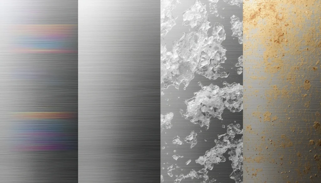 Four common stainless steel stains including heat tint, calcium spots, burnt oil, and pitting