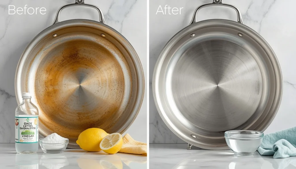 Before and after removing stains from a stainless steel pan with vinegar and baking soda