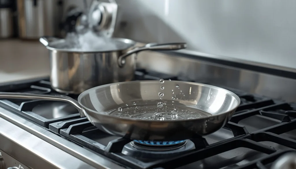 Water bead test on a preheated stainless steel pan at medium heat