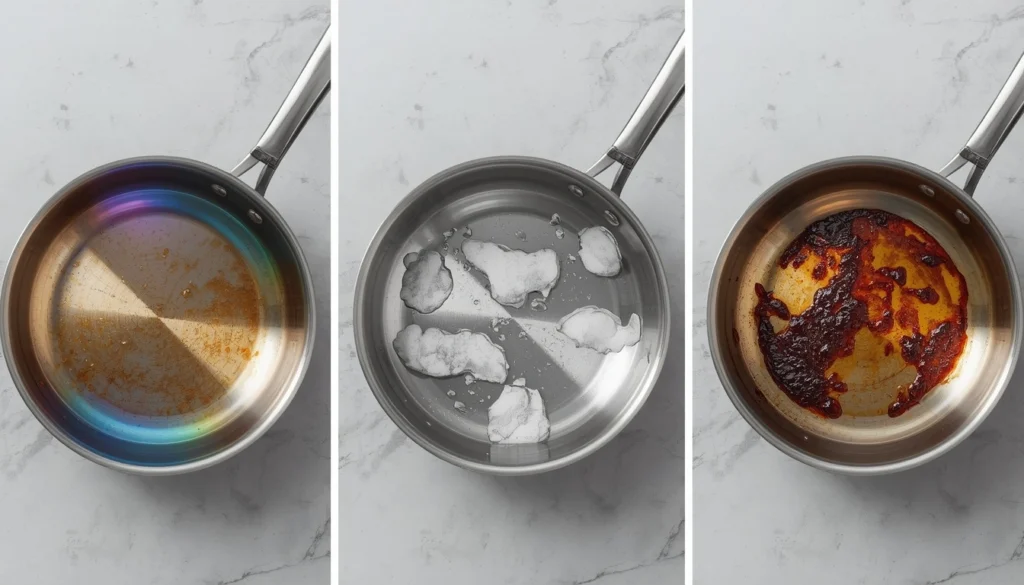 Stainless steel pan with rainbow heat tint, white calcium spots, and brown burnt oil