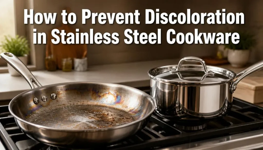 Stainless steel cookware showing rainbow, white, and brown discoloration