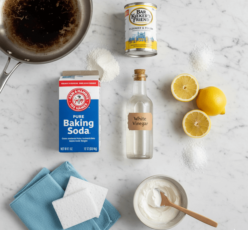 natural cleaning supplies arranged neatly on a white marble countertop. Items include: box of baking soda with some powder spilled, bottle of white vinegar, fresh cut lemon halves, container of coarse salt, clean microfiber cloths, non-abrasive scrub pads, small bowl with paste mixture, and a partially burnt stainless steel pan in the corner.