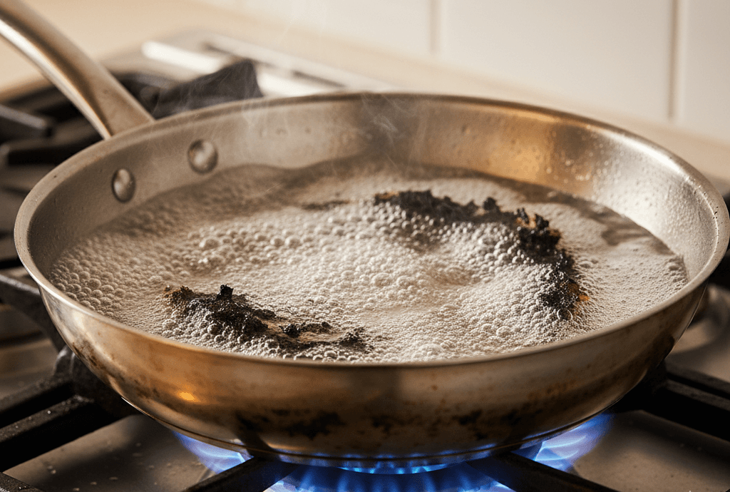 a stainless steel pan on a gas stovetop with water and baking soda mixture actively boiling and bubbling. Visible burnt black marks on the bottom of the pan beginning to lift and loosen from the heat. Steam rising, blue flames visible under the pan, drops of condensation on the sides