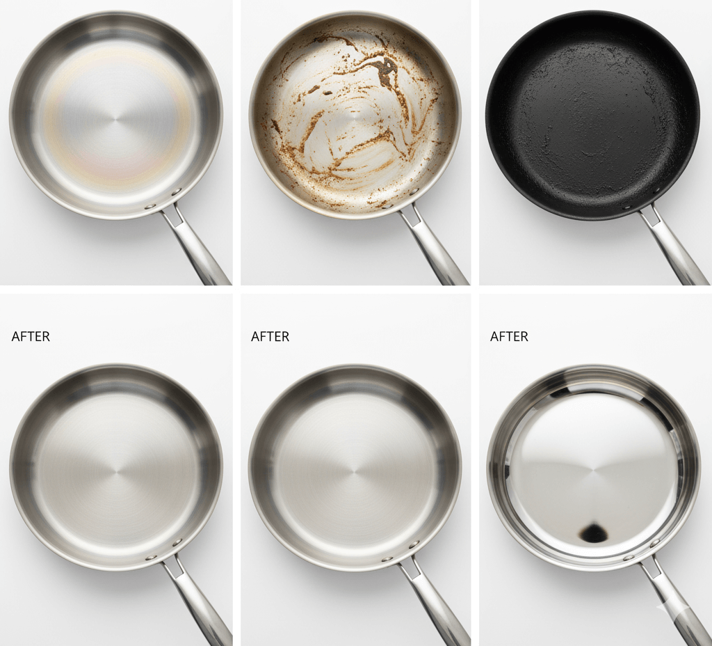 3 different types of burn marks and their cleaned results. Top row: 3 stainless steel pans with (1) light rainbow discoloration, (2) medium brown burnt food stains, (3) heavy black carbon buildup. Bottom row: the same 3 pans perfectly cleaned and restored to mirror shine. Clean white background, consistent lighting across all images, labeled with small text 'BEFORE' and 'AFTER'