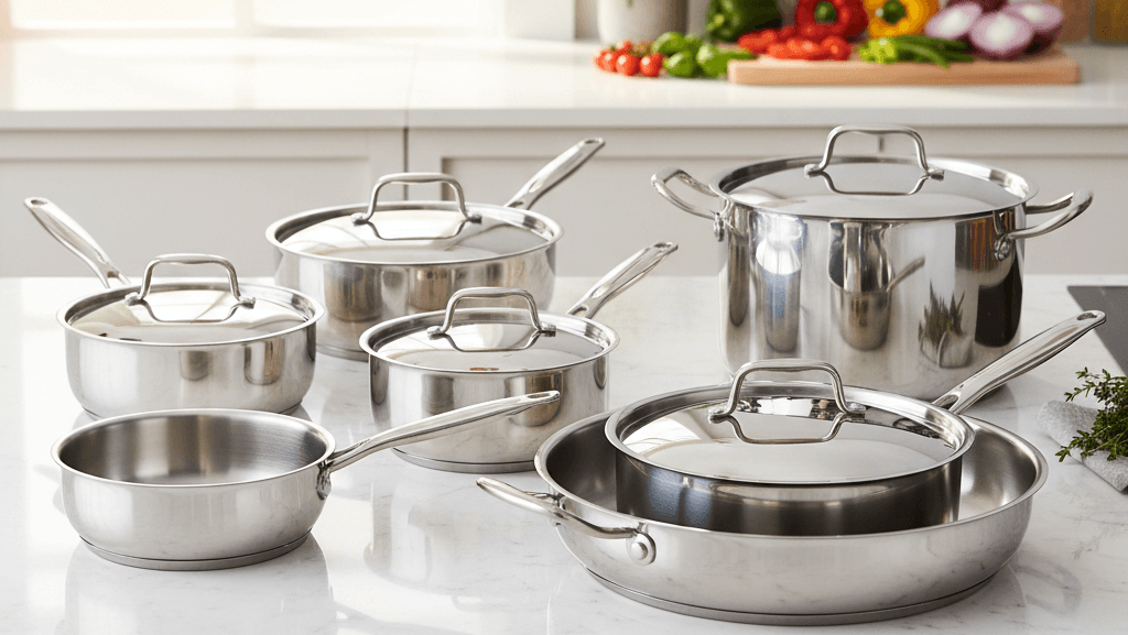 A full 10-piece stainless steel cookware set is beautifully arranged on a white marble countertop in a bright, modern kitchen