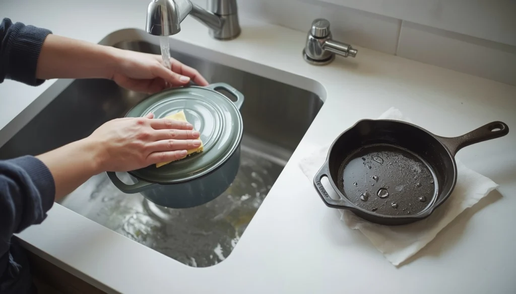 Comparing maintenance and cleaning rituals for cast iron and enameled cast iron.